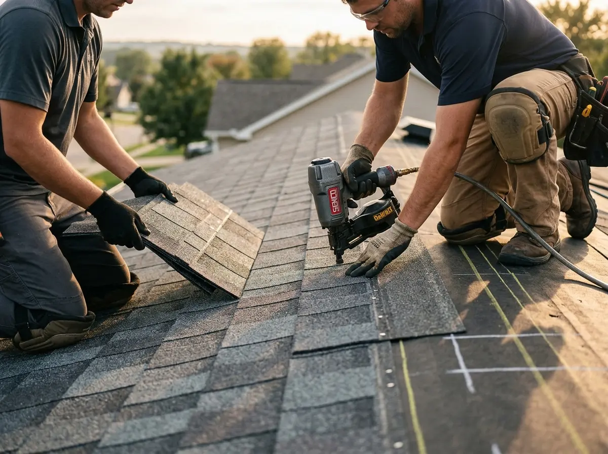 Professional roofer working on a residential roof in Athol